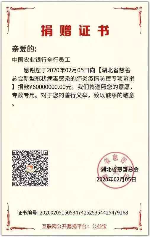 农业银行员工向湖北捐赠6000万元用于抗击新冠肺炎疫情