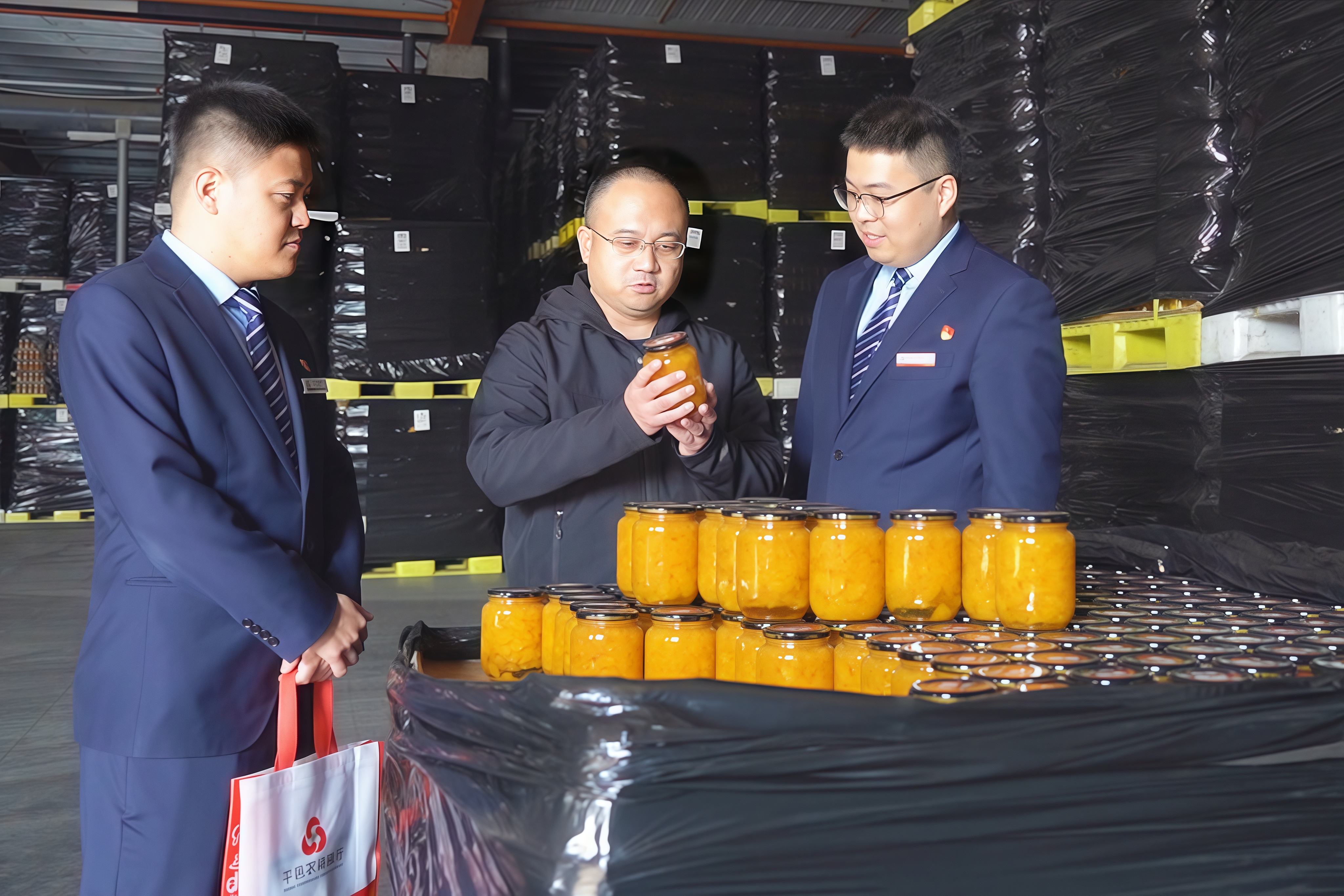 临沂市清甜食品有限公司财务经理周启兵向山东平邑农商银行工作人员介绍企业生产经营情况 平邑农商银行供图
